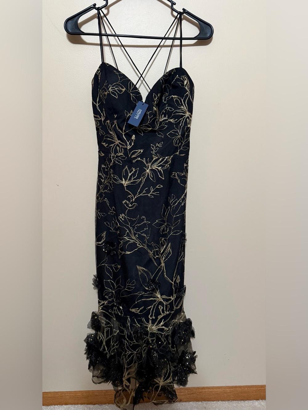 NWT Marchesa Notte Black & Gold Floral-Embellished Midi Dress Sz 6 MSRP $745